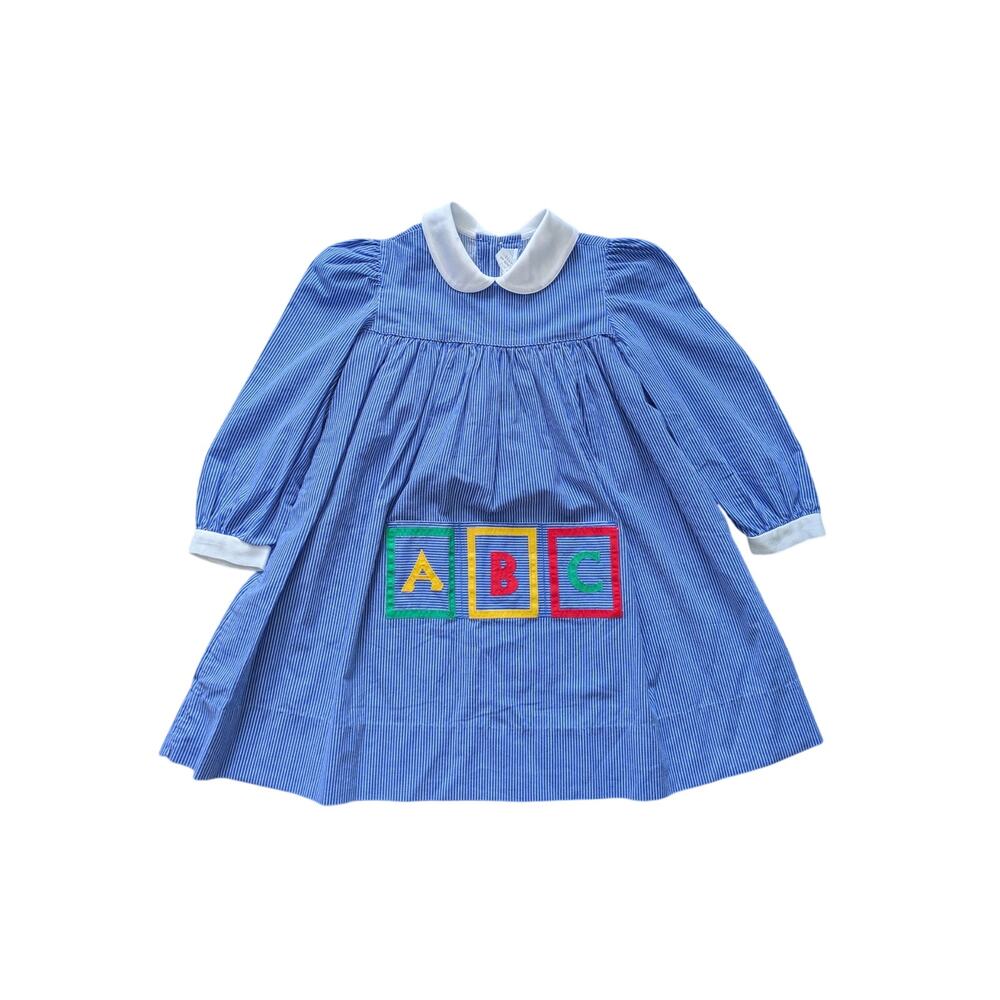 Vintage Jayne Copeland ABC Dress Girl 6X Blue Pinstripe Cottage Nautical Prairie